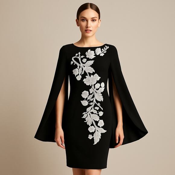 Theia Black Cape Sleeve Sheath Dress Women’s 4 Floral Appliqué Cocktail Evening - Picture 1 of 11
